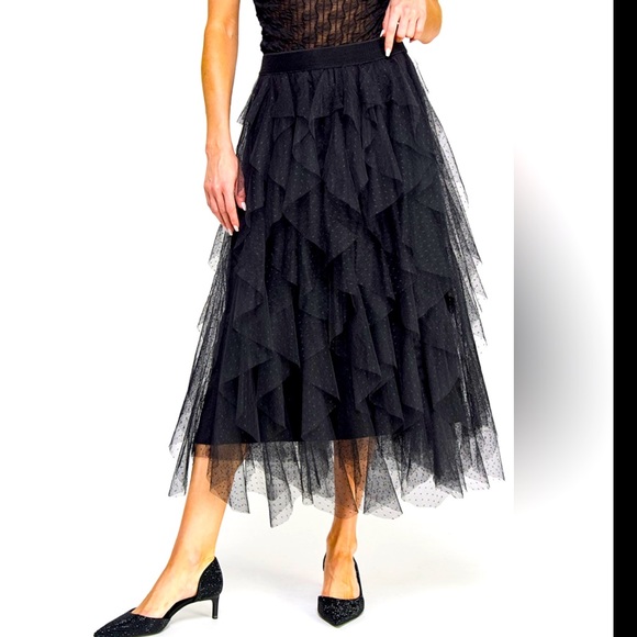 Trending Fun and Flirty Ruffled Tulle Pull on Stretch Waist Midi Skirt - Picture 3 of 7